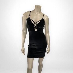A+ ELLEN‎ Small Strappy Black Velvet Bodycon Dress Clubbing Party